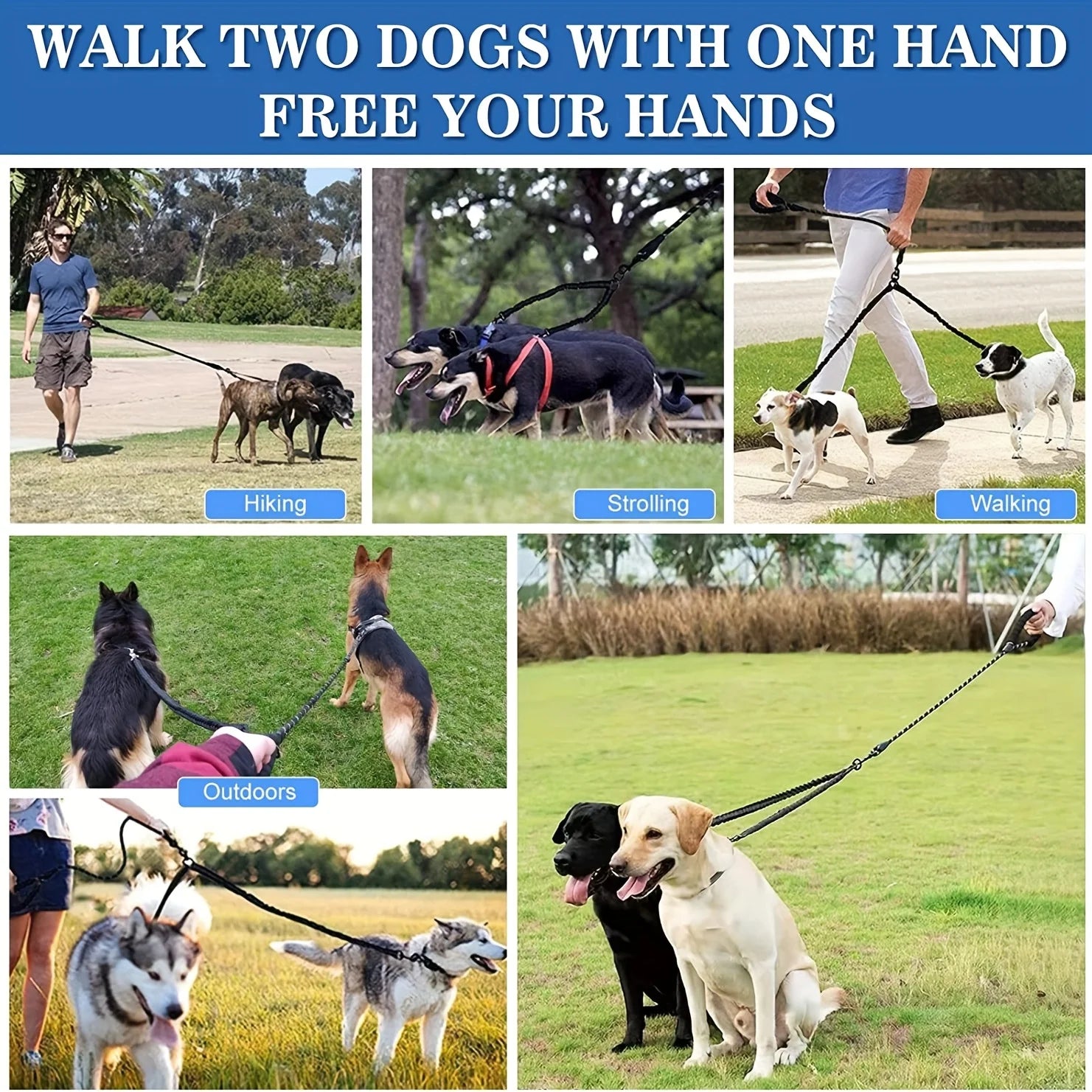 No-Tangle Double Dog Leash – Shock Absorbing Reflective Bungee Coupler for Two Dogs