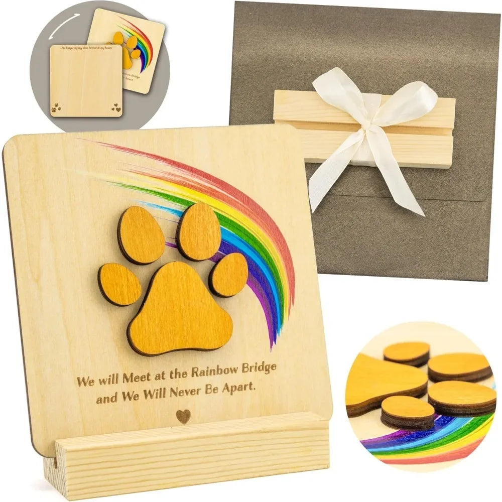 Rainbow Bridge Pet Sympathy Card – Wooden Dog Memorial Gift with Envelope, Keepsake Remembrance
