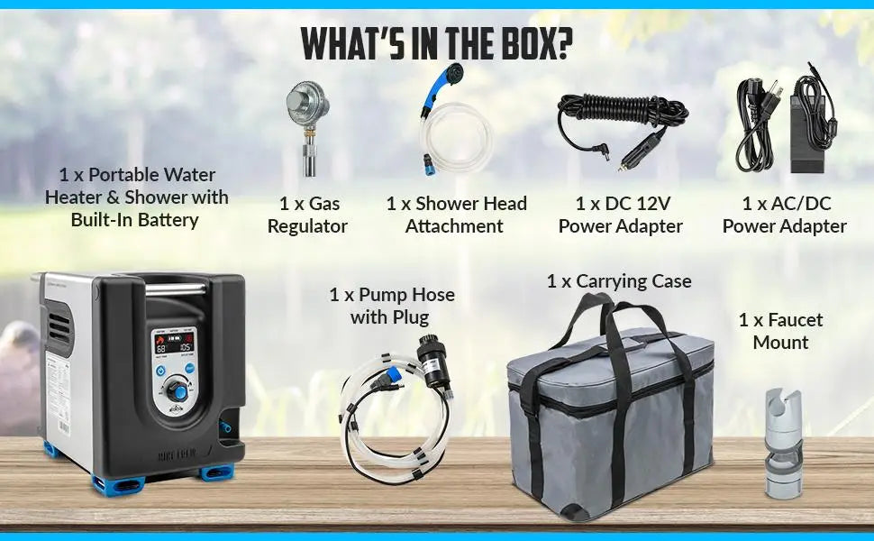 Portable Propane Water Heater & Shower Pump – Outdoor Hot Water System with LCD & Built-In Battery