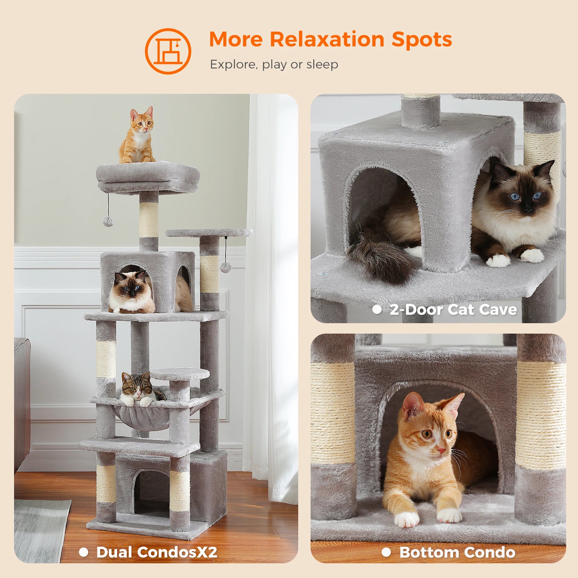 6-Level Multi-Cat Tree Tower with Dual Condos, Double Top Perches, Hammock & 5 Scratching Posts