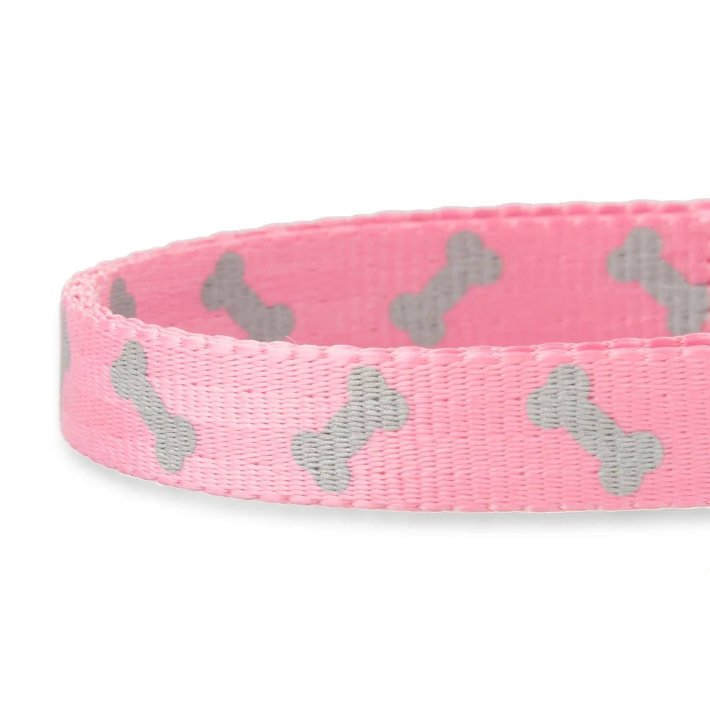 Adjustable Reflective Dog Collar – Medium Beagle & Standard Poodle Fit, Pink & Gray Bones Pattern, Durable Polyester with D-Ring
