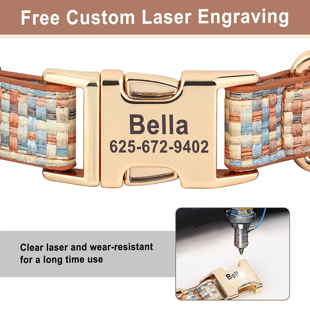Personalized Plaid Leather Dog Collar with Bowknot – Custom Engraved Pet Collar for Small, Medium & Large Dogs
