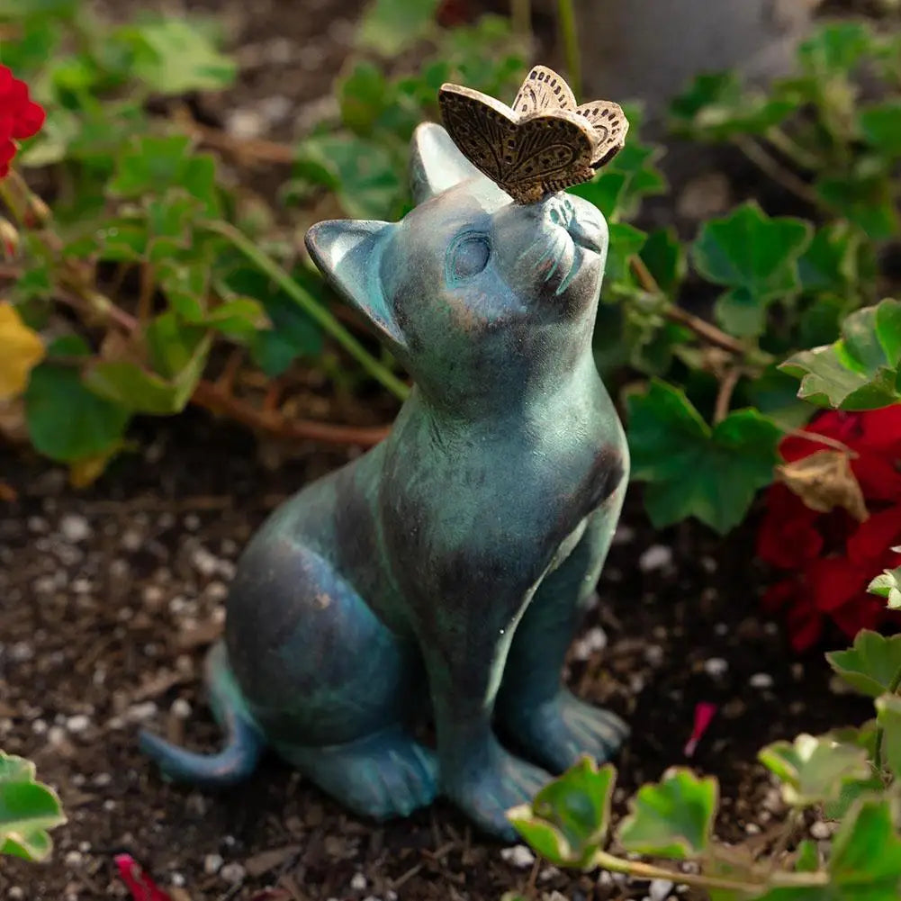 Cat Memorial Figurine – Pet Loss Sympathy Gift, Cat & Butterfly Curiosity Garden Statue, Fairy Art Yard Décor