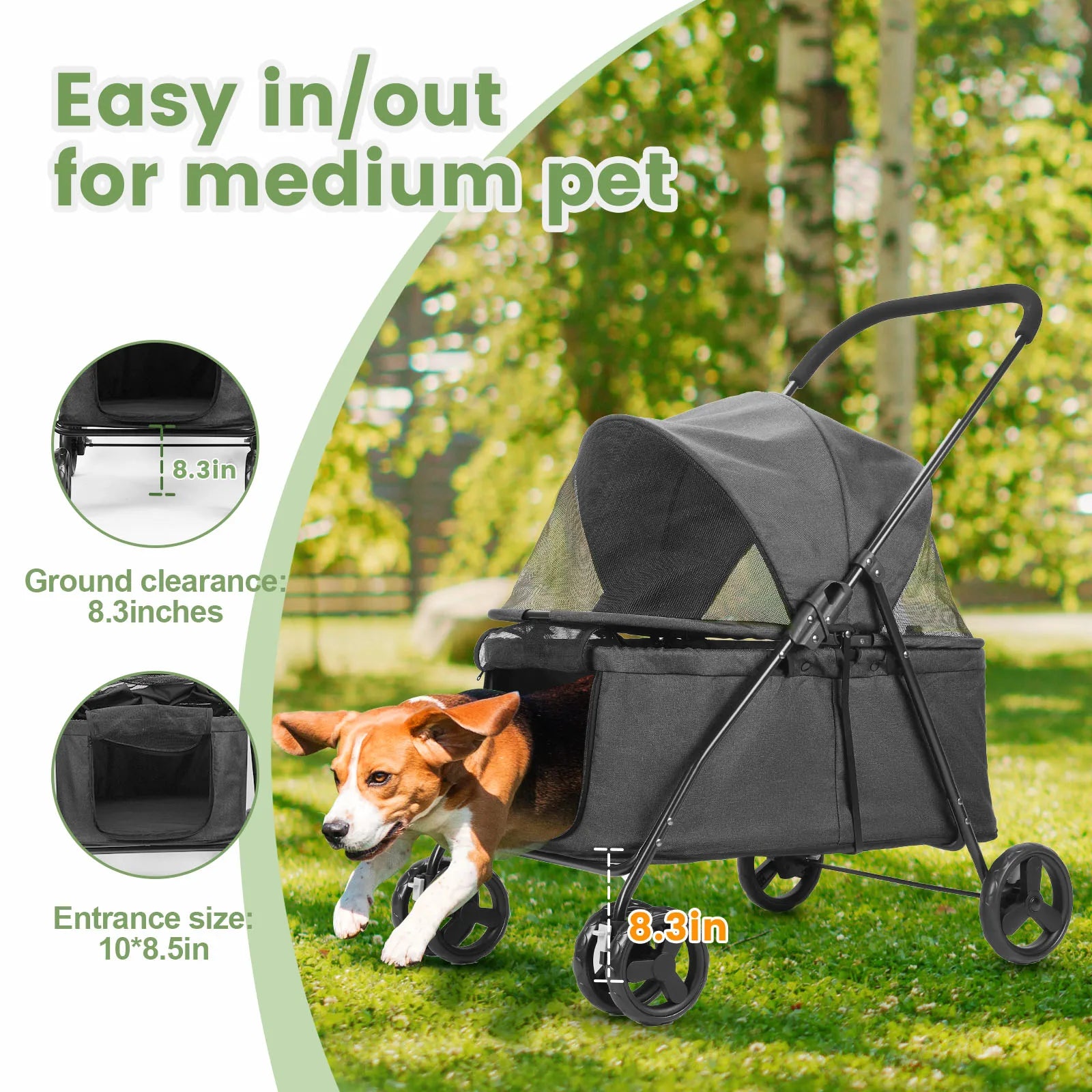 Wedyvko Luxury 80 lbs Pet Stroller – 4-Wheel Foldable Dog Stroller with Brakes, Dark Grey