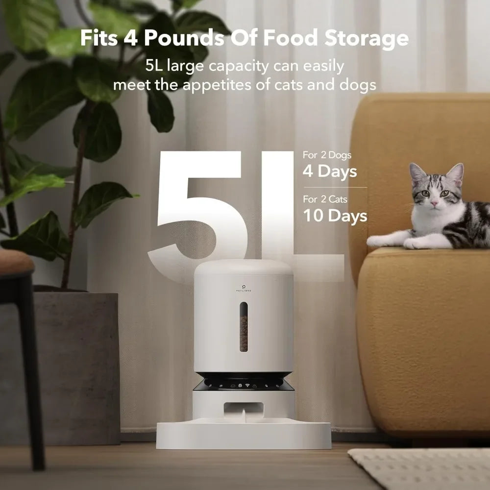 Automatic Cat Feeder – 5G WiFi Pet Feeder for Two Cats or Dogs with Remote Control & Low Food Sensor, 5L Capacity