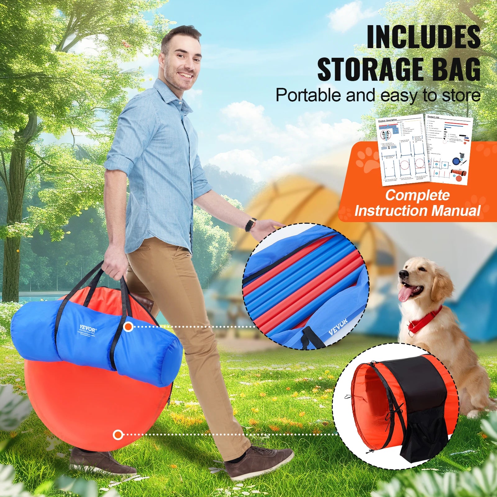 SucceBuy 5-Piece Dog Agility Training Equipment Set – Upgraded Obstacle Course Kit with Adjustable Hurdles, Tunnel, and Carry Bag