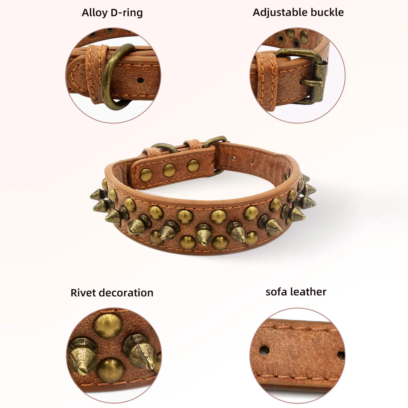 CP037-1 – Vintage Brass Rivet Dog Collar – Heavy-Duty Adjustable PU Leather Collar for Medium & Large Dogs