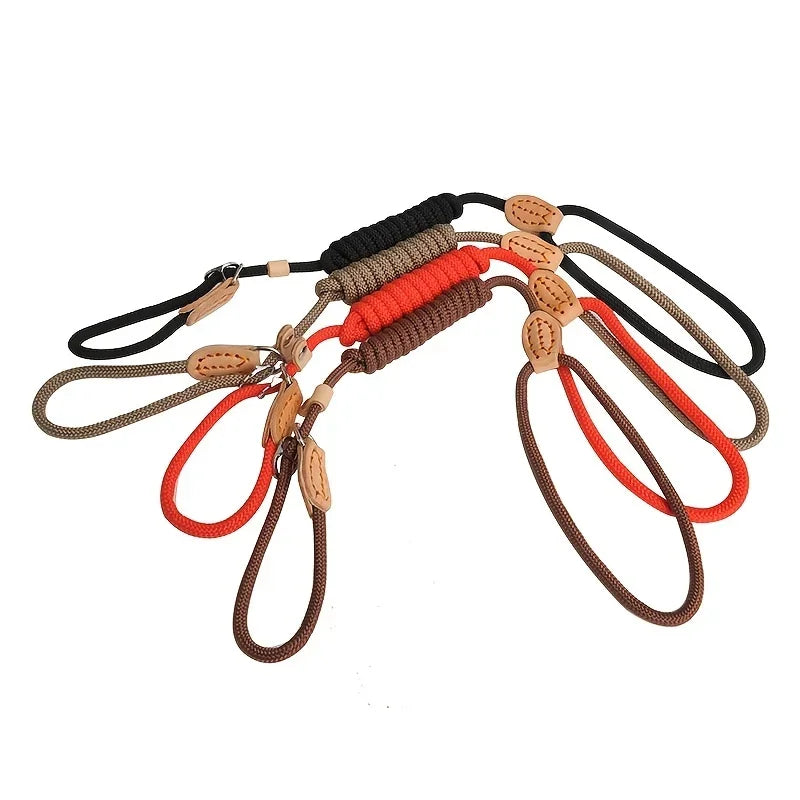 No-Pull Rope Slip Collar – P-Shaped Dog Training Leash with Durable Leather Joints & Adjustable Metal Buckle