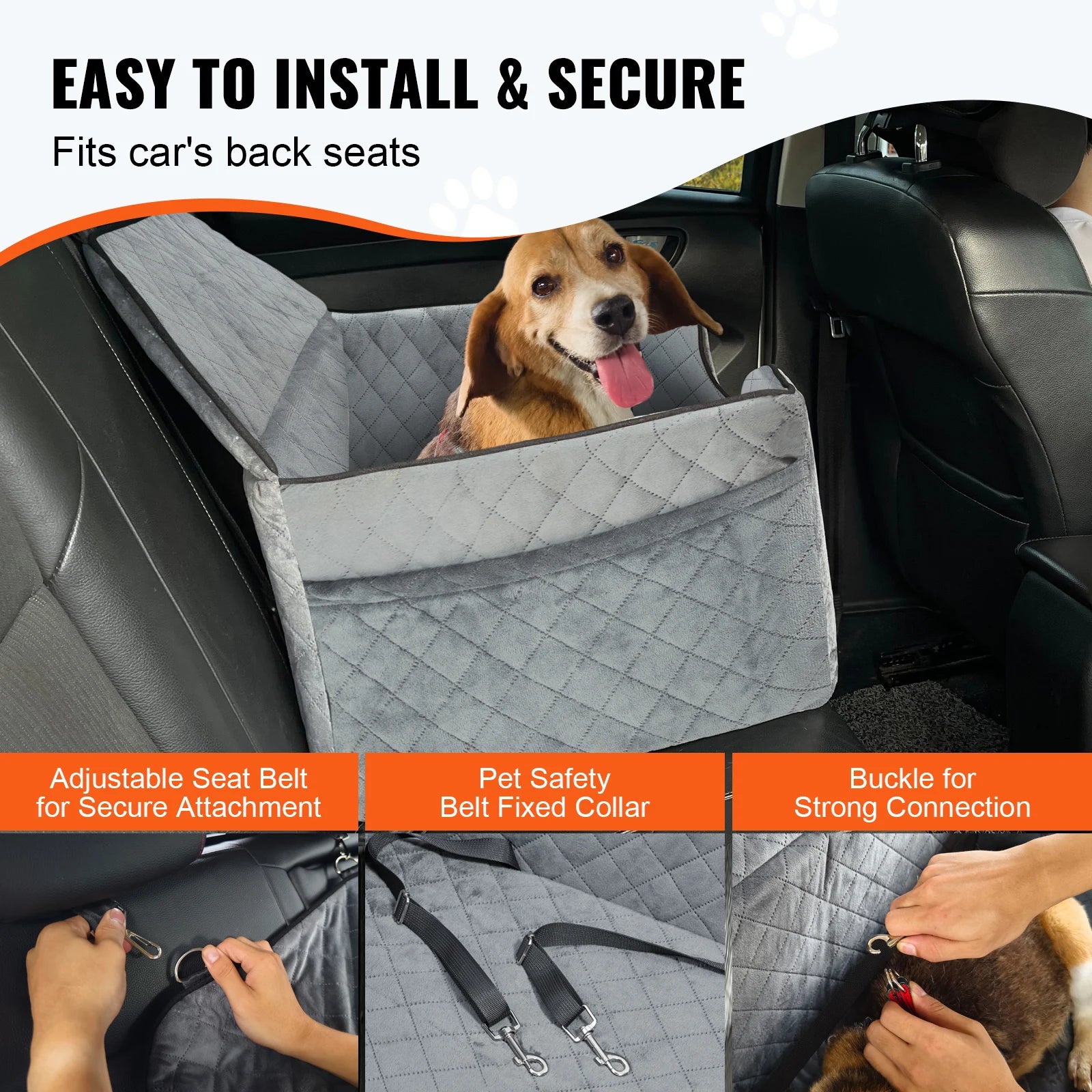 VEVOR Dog Car Seat – Booster Seat with Storage Pocket & Sponge Filling | Travel Car Bed for Medium to Large Dogs up to 55 lbs (Gray)