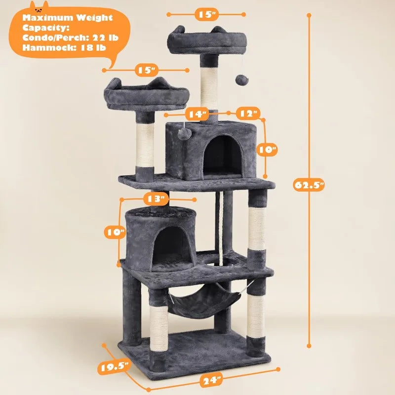 62.2" Cat Tree – Multi-Level Cat Tower with Platform, Hammock, Condo & Scratching Posts for Kittens and Adult Indoor Cats