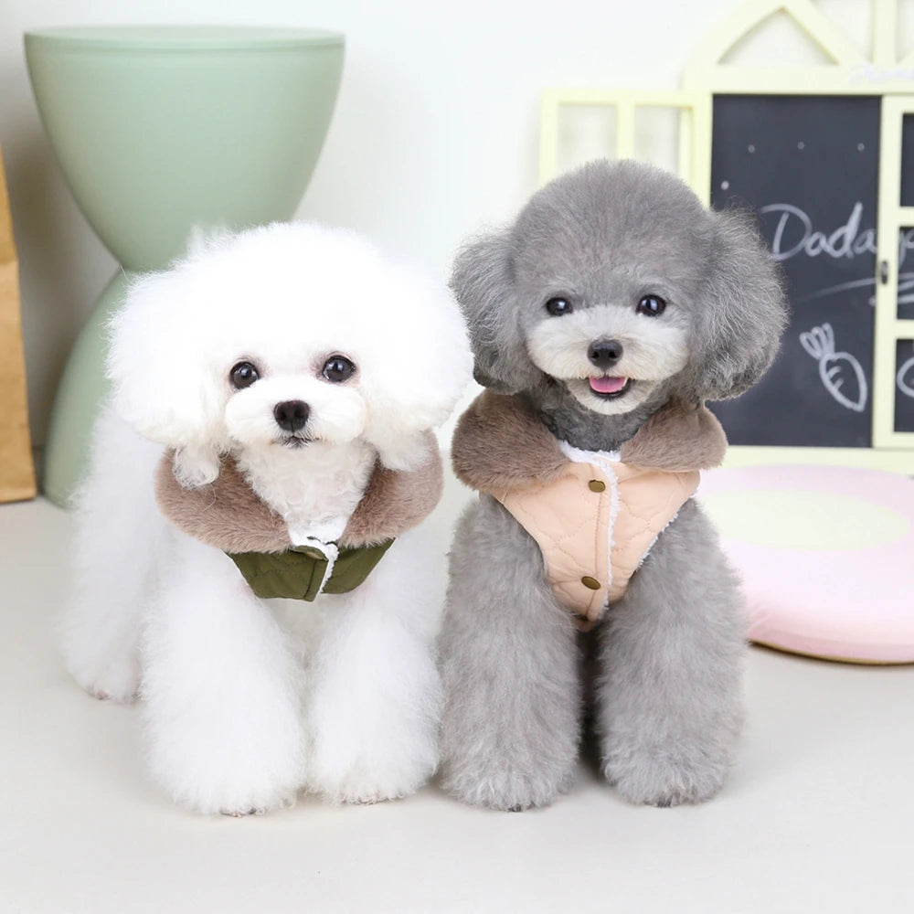 Winter Dog Coat with Fur Collar – Soft Fleece Pet Jacket with D-Ring for Small Dogs & Puppies