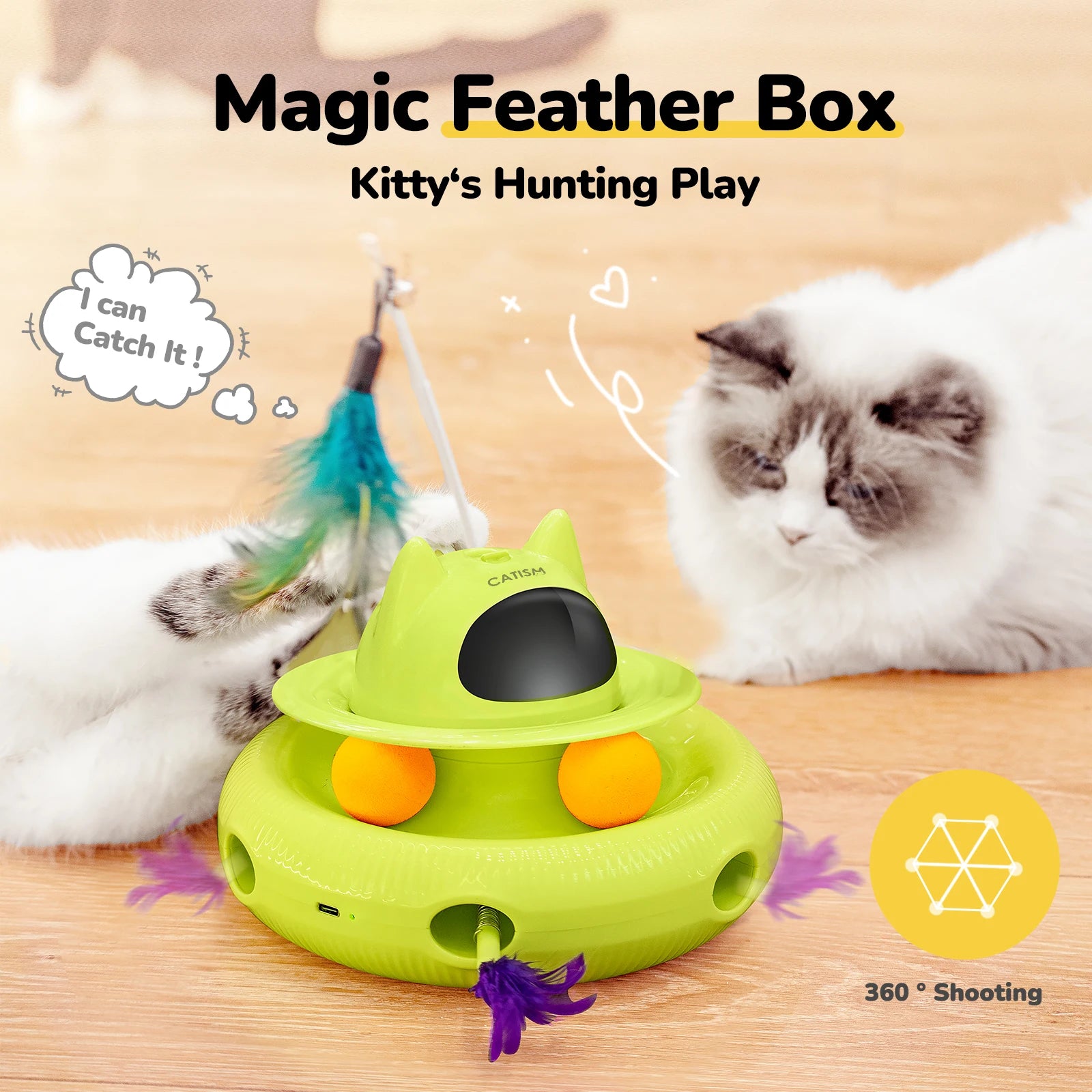 CATISM Magic Box Cat Toy – Upgraded Interactive Teaser with Feather, Butterfly & Ball for Indoor Cats
