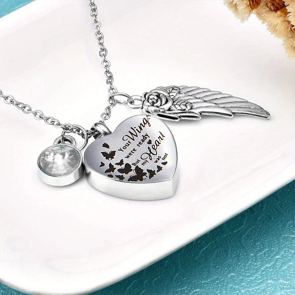 Angel Wing Heart Cremation Urn Necklace – Memorial Keepsake Jewelry for Ashes
