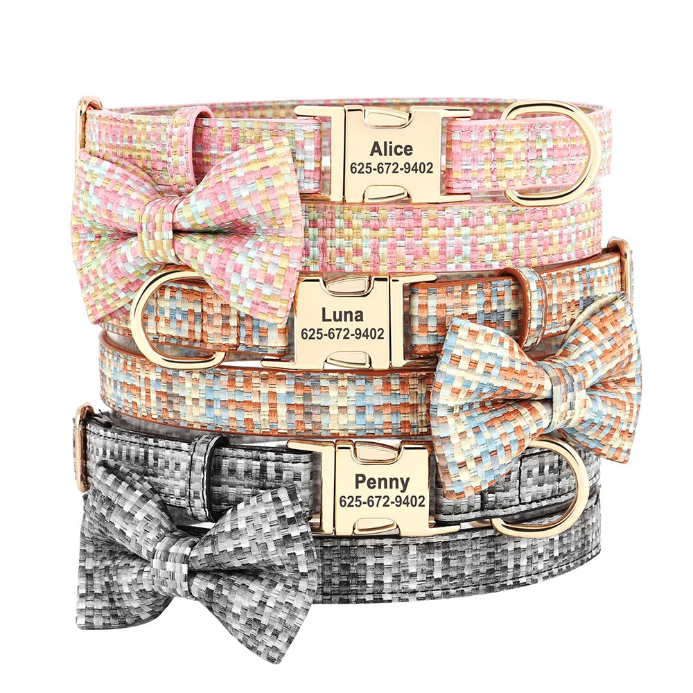 Personalized Plaid Leather Dog Collar with Bowknot – Custom Engraved Pet Collar for Small, Medium & Large Dogs
