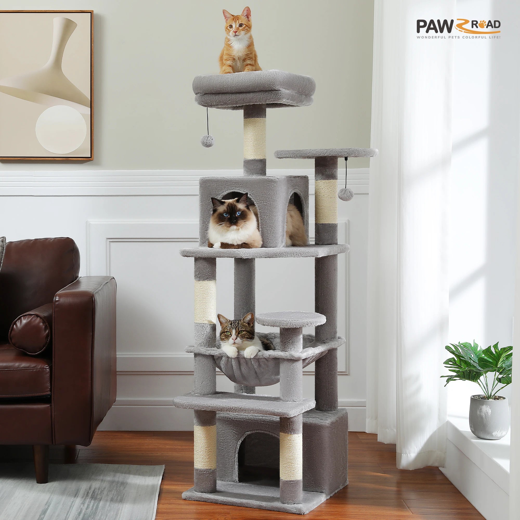 6-Level Multi-Cat Tree Tower with Dual Condos, Double Top Perches, Hammock & 5 Scratching Posts