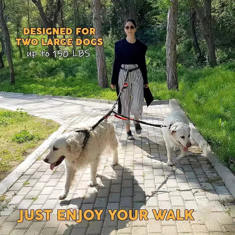 Dual Dog Leash Coupler – No-Tangle Bungee Leash with Comfort Padded Handles, 360° Swivel, Reflective & Shock Absorbing Training Lead