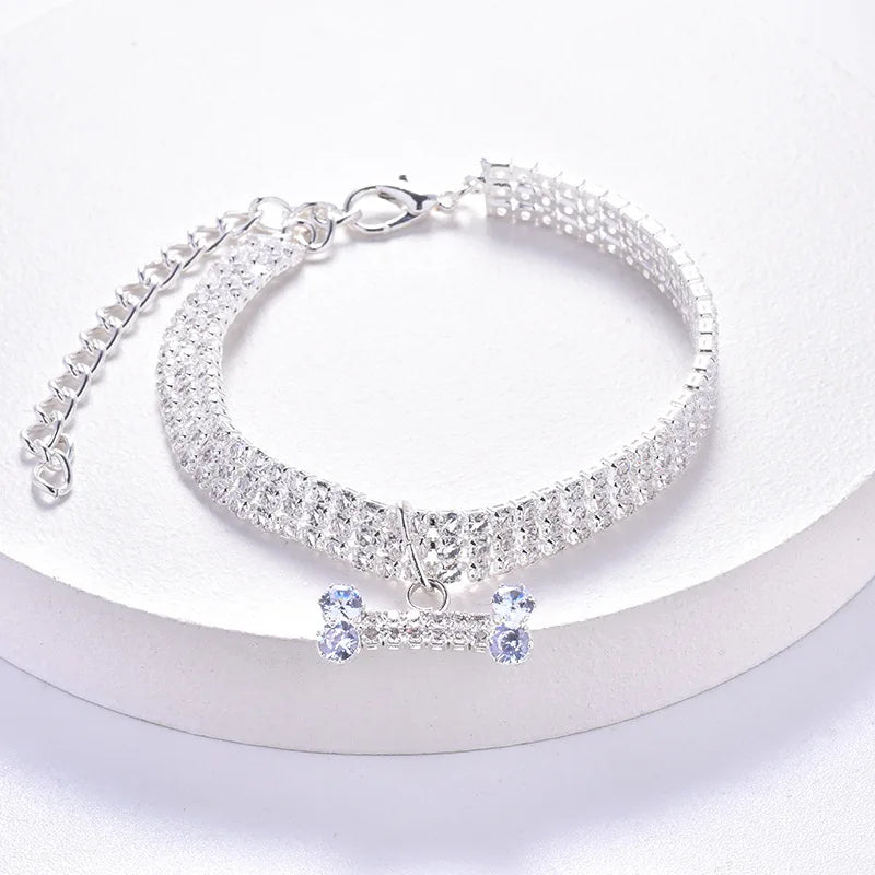 Luxury Adjustable Pet Necklace – Cat & Dog Collar with Diamond Zircon Bone Pendant