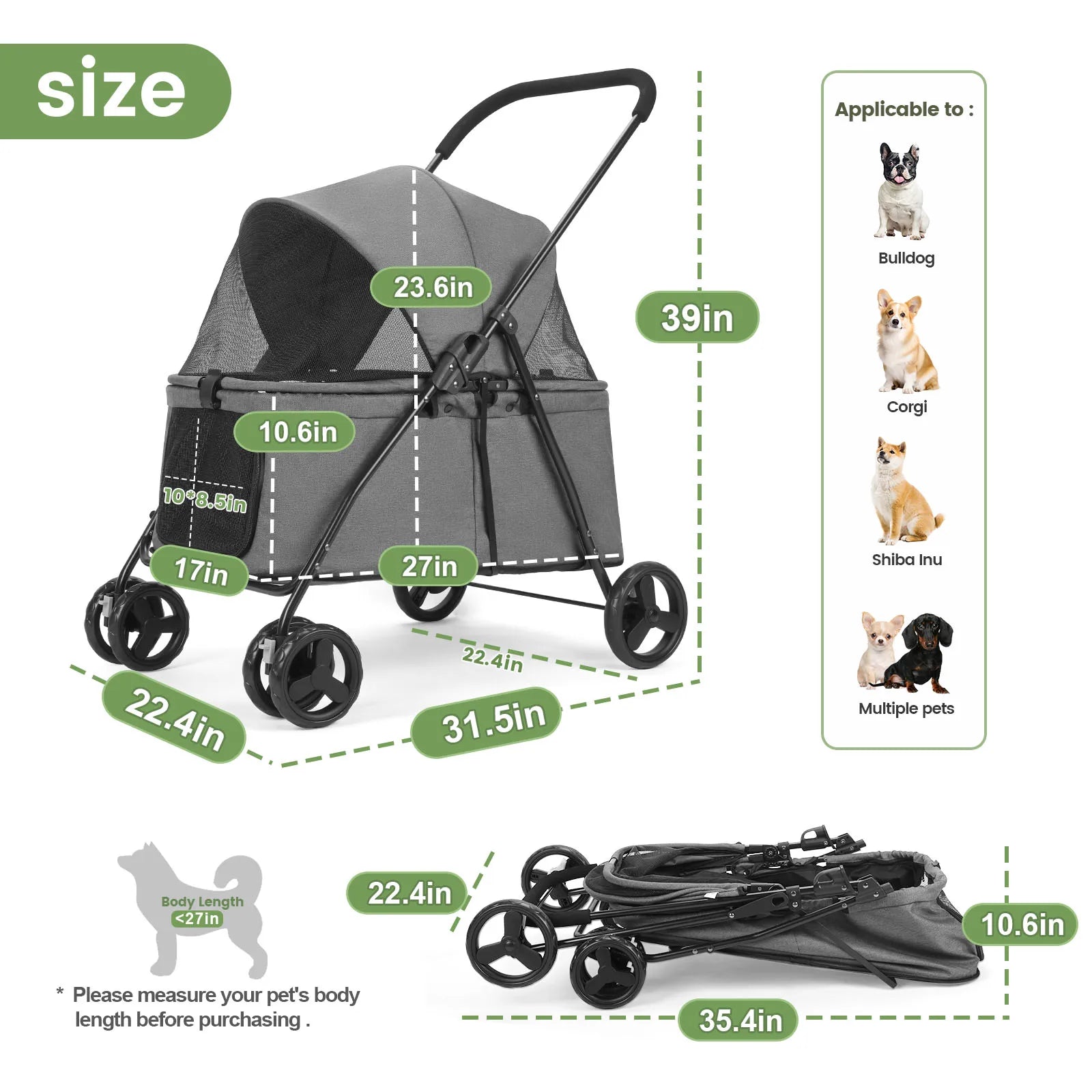 Wedyvko Luxury 80 lbs Pet Stroller – 4-Wheel Foldable Dog Stroller with Brakes, Dark Grey