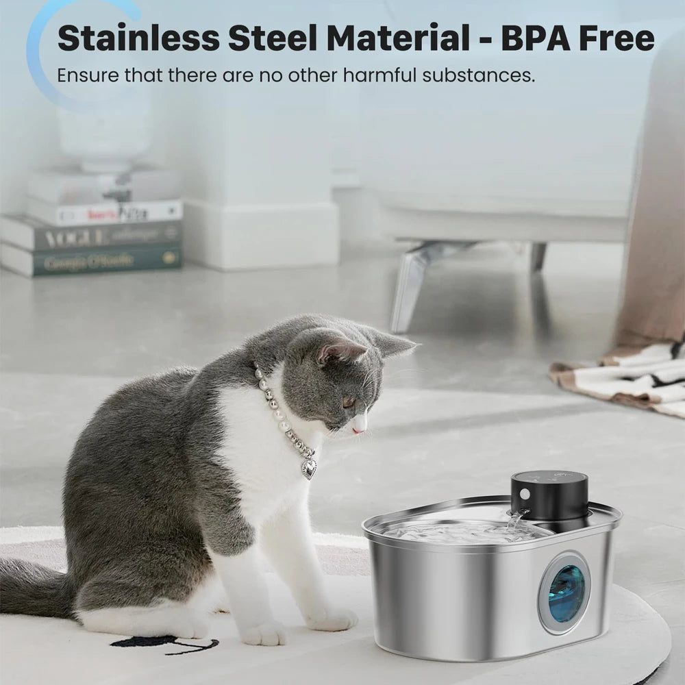 108oz/3.2L Stainless Steel Wireless Cat & Dog Water Fountain – Rechargeable Automatic Motion Sensor Pet Drinker