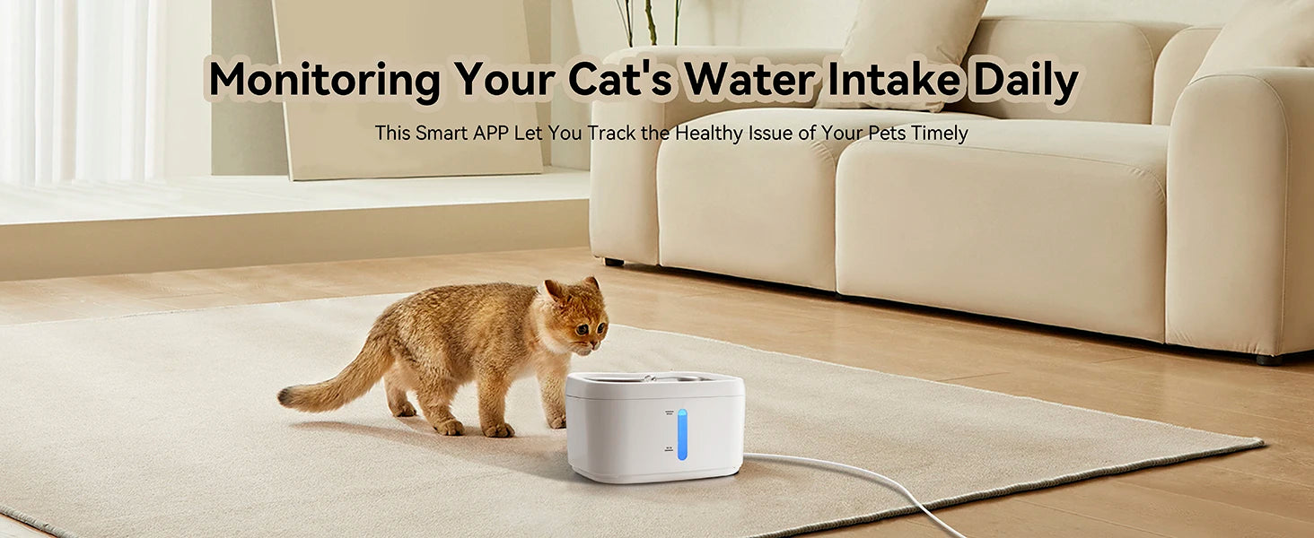 Cat Water Fountain with APP Control – 2.5L / 84oz Automatic Wireless Pet Fountain with Stainless Steel Tray & Weight Sensor