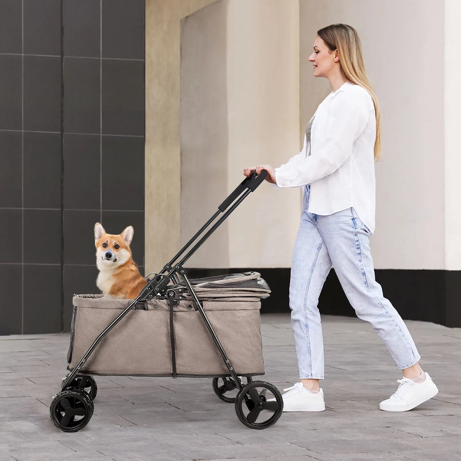 Wedyvko Luxury 80 lbs Pet Stroller – 4-Wheel Foldable Dog Stroller with Brakes, Dark Grey