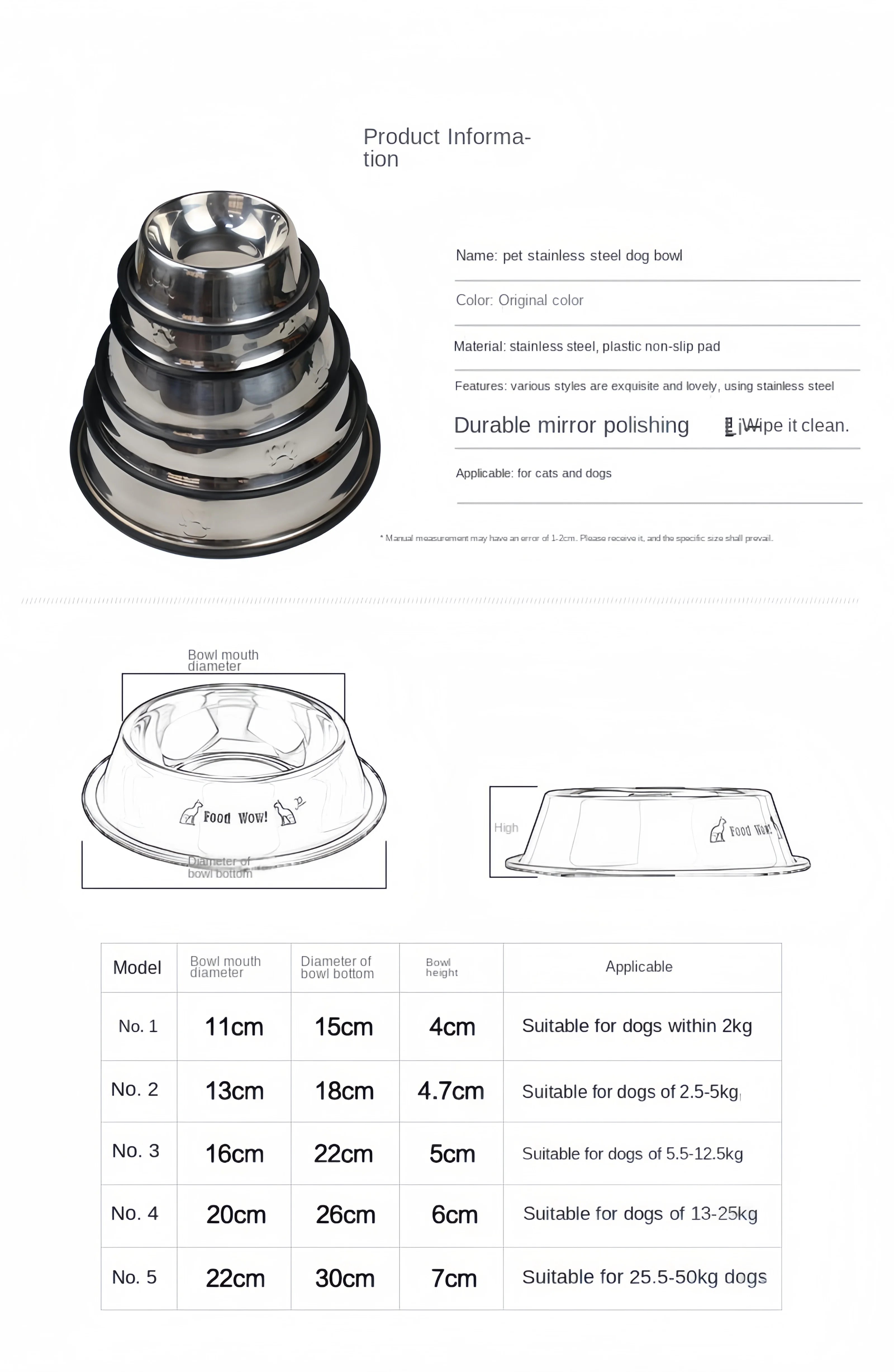 Stainless Steel Pet Bowl – Durable Feeding & Water Dish for Dogs & Cats (6 Sizes)