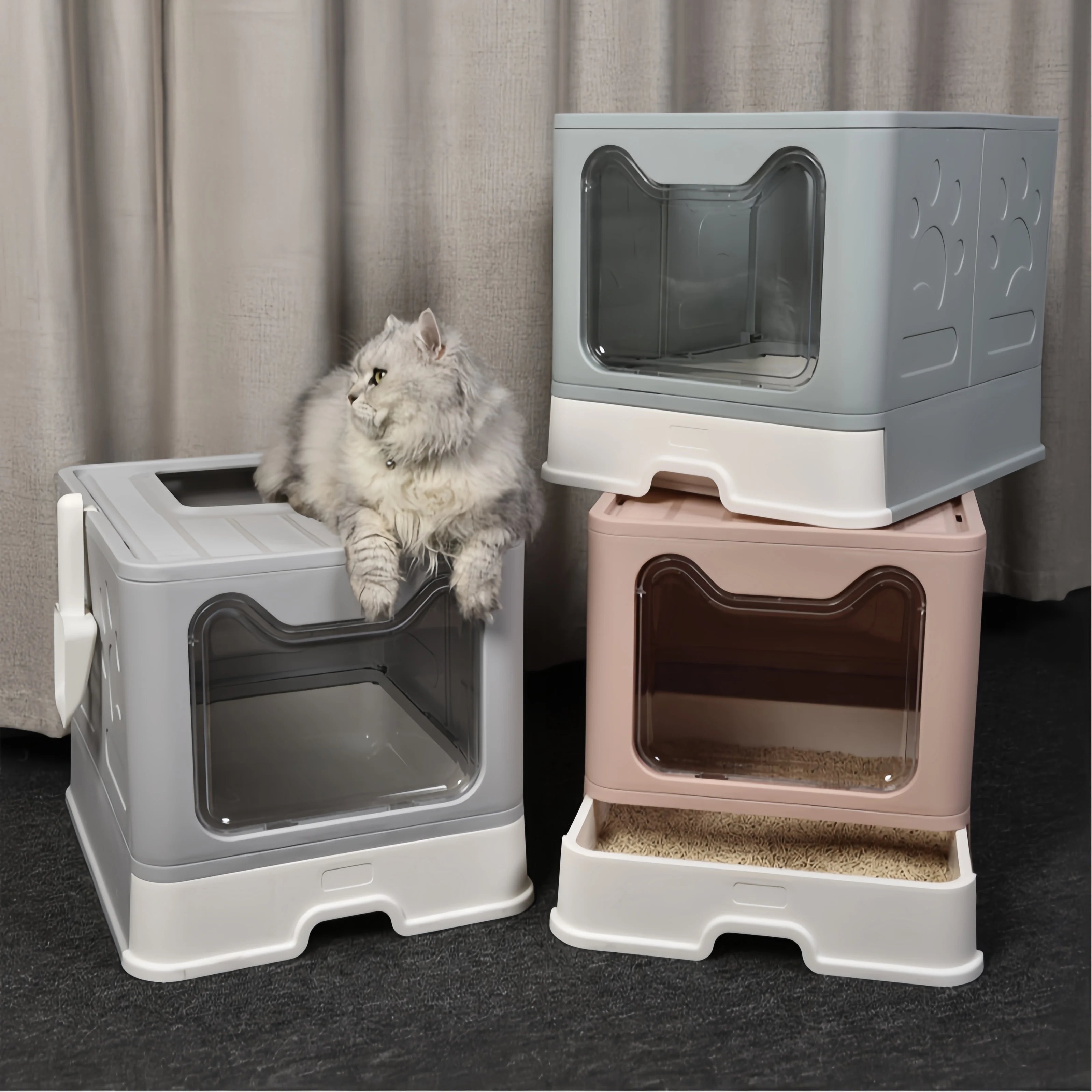 Convenient Foldable Cat Litter Box – Drawer-Style Design with Scooper for Easy Waste Management