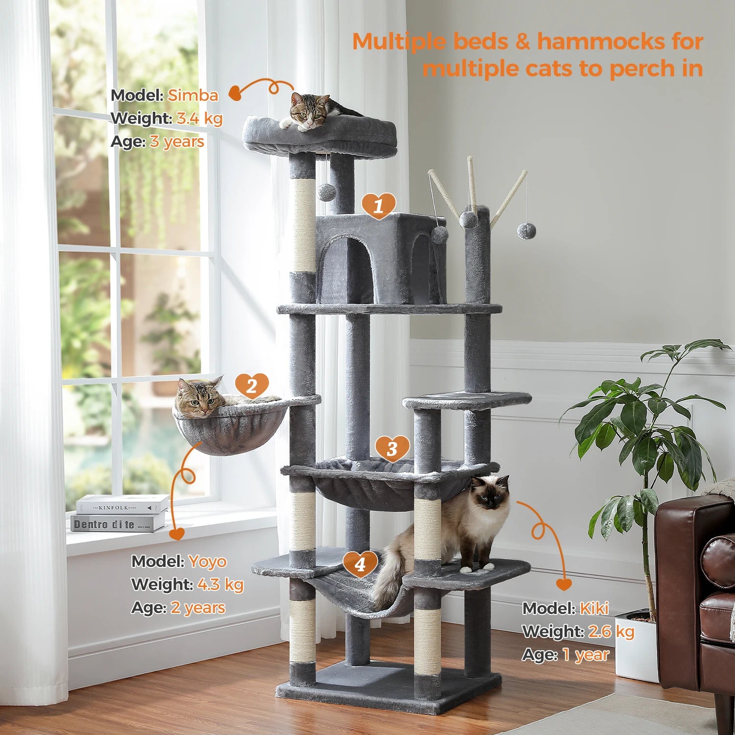 Large Multi-Level Cat Tree Tower – Tall Plush Indoor Cat Condo with Scratching Posts, Perches, Caves & Boards