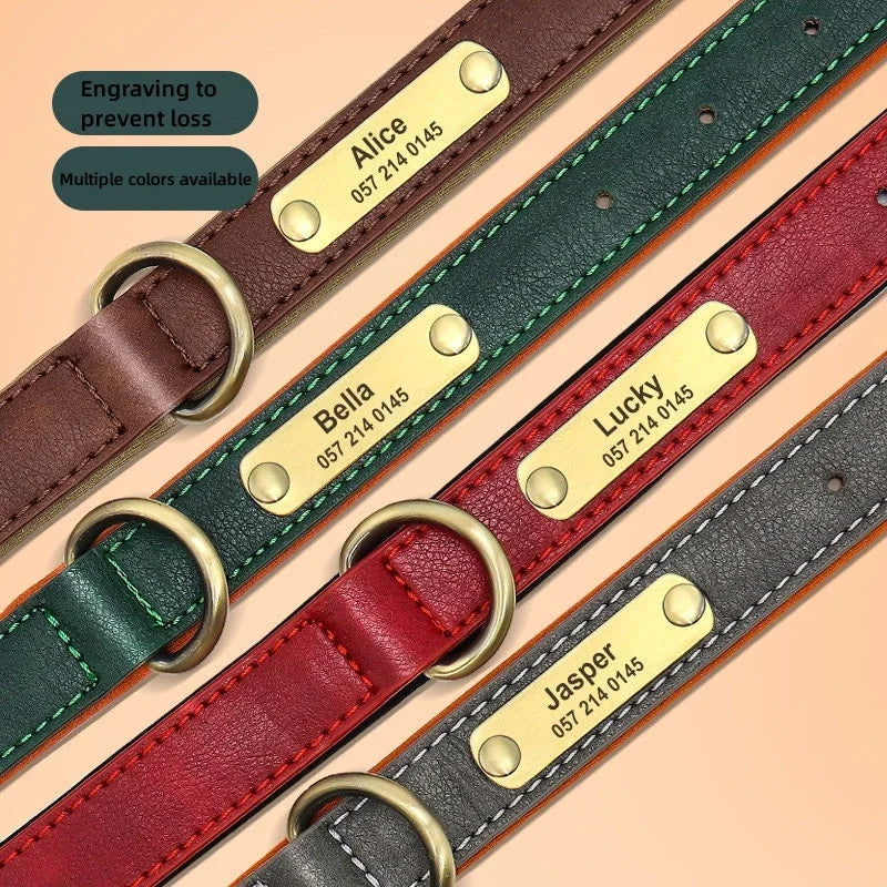 ersonalized Leather Dog Collar with Engraved ID Nameplate – Soft Padded Custom Collar for Small, Medium & Large Dogs