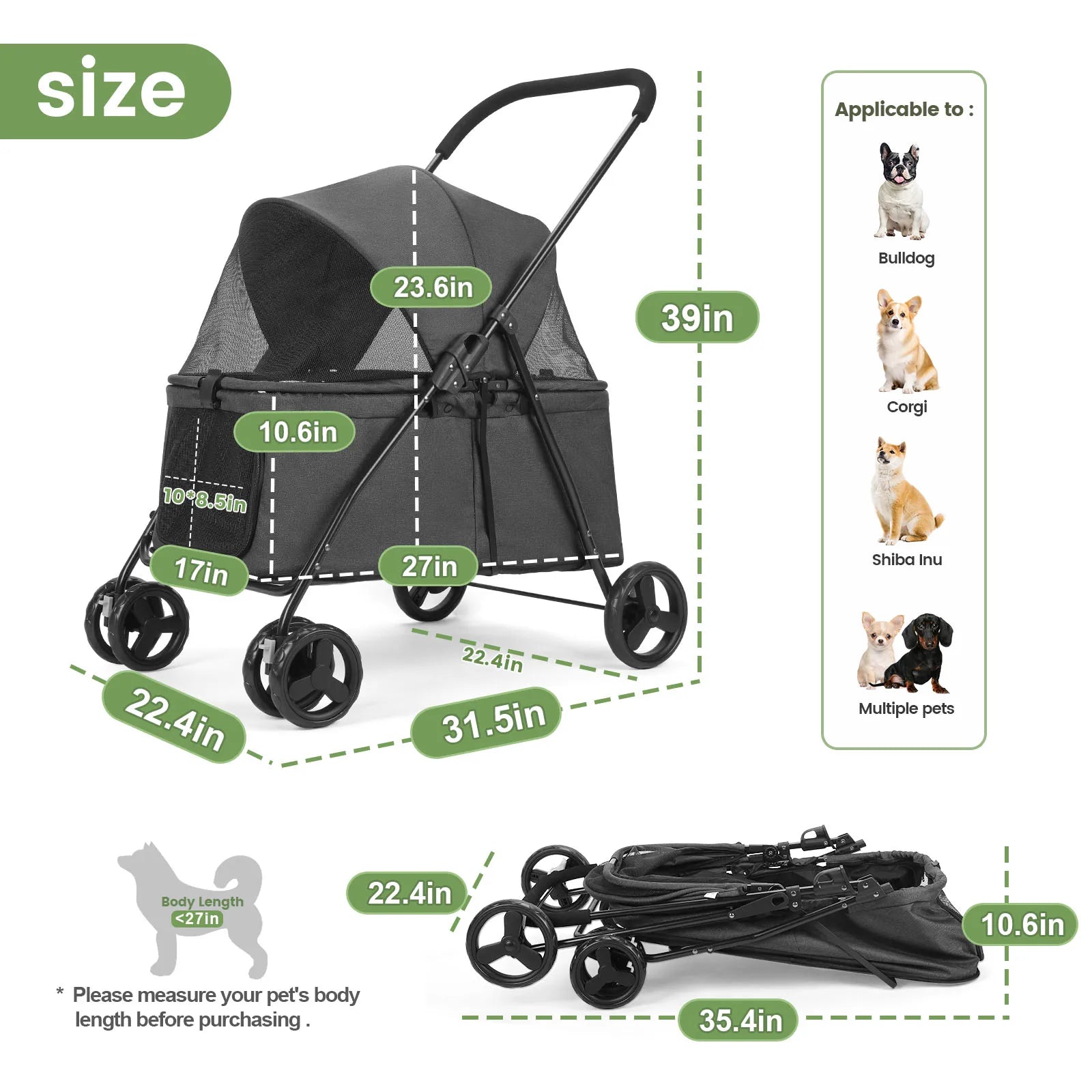 Wedyvko Luxury 80 lbs Pet Stroller – 4-Wheel Foldable Dog Stroller with Brakes, Dark Grey