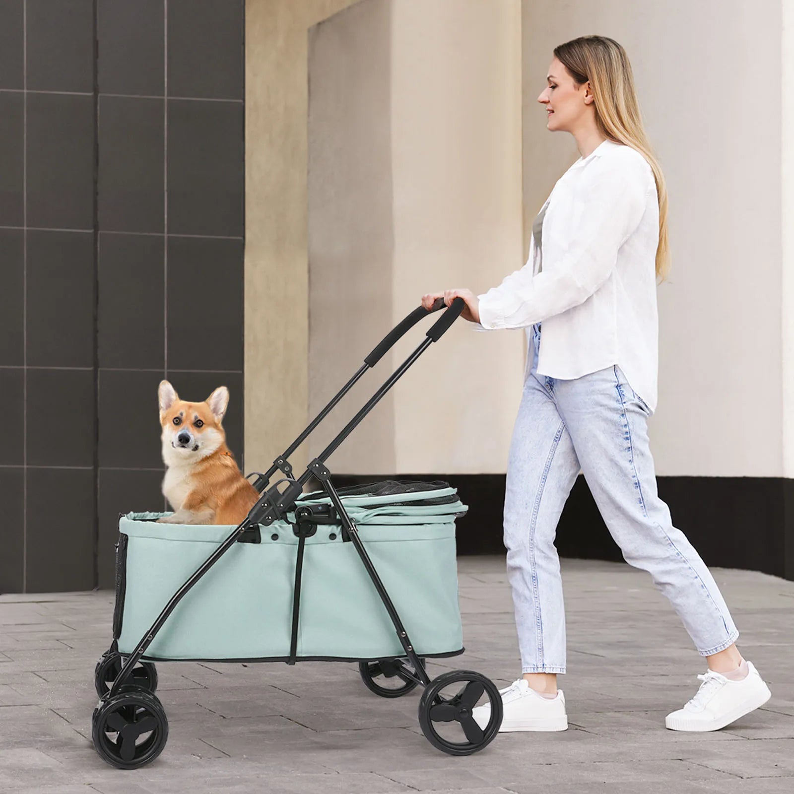 Wedyvko Luxury 80 lbs Pet Stroller – 4-Wheel Foldable Dog Stroller with Brakes, Dark Grey