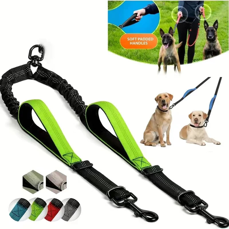 Dual Dog Leash Coupler – No-Tangle Bungee Leash with Comfort Padded Handles, 360° Swivel, Reflective & Shock Absorbing Training Lead