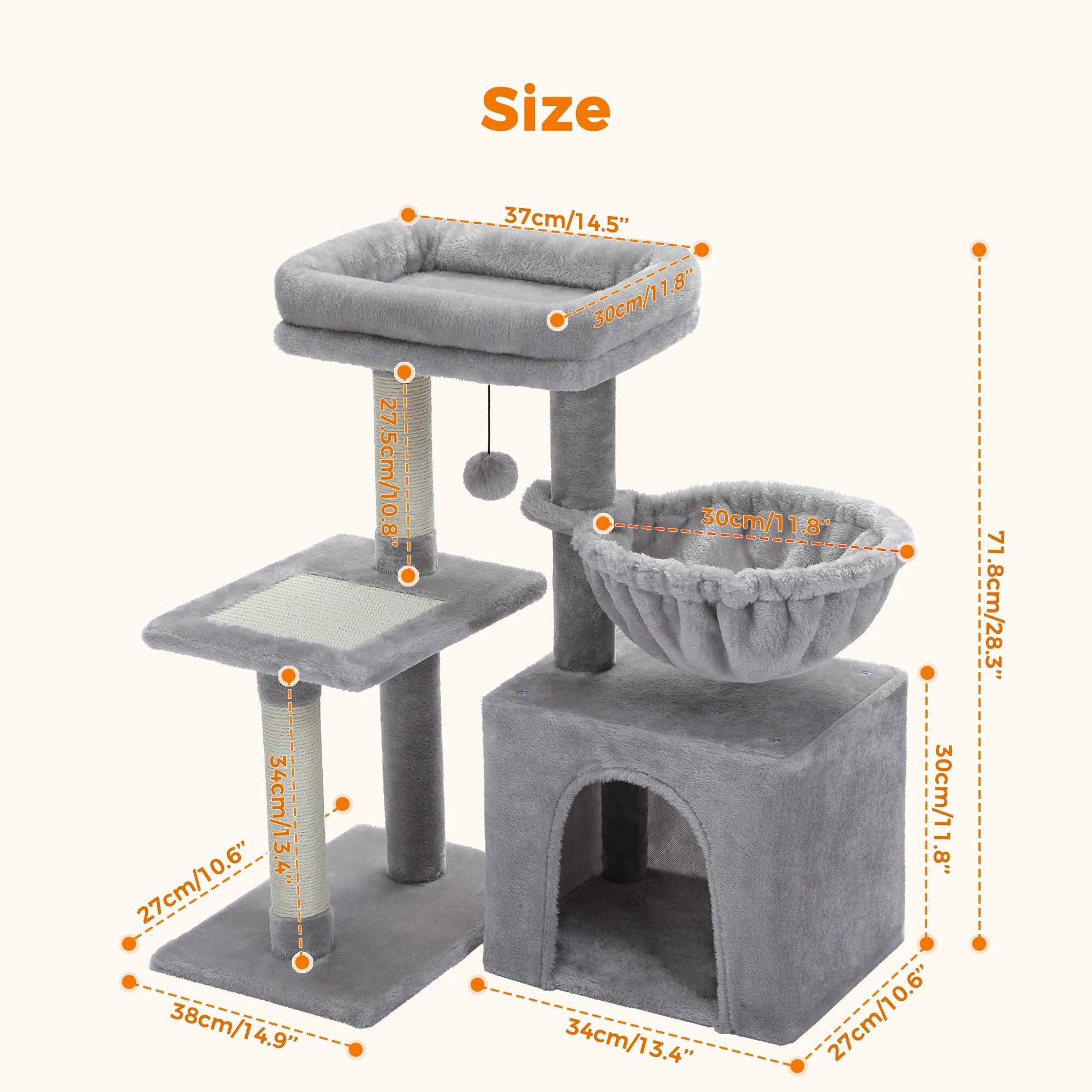 Cat Tree Tower for Indoor Cats – 2 Styles Cat Activity Center with Scratching Posts, Large Hammock & Removable Top Perch (Grey)
