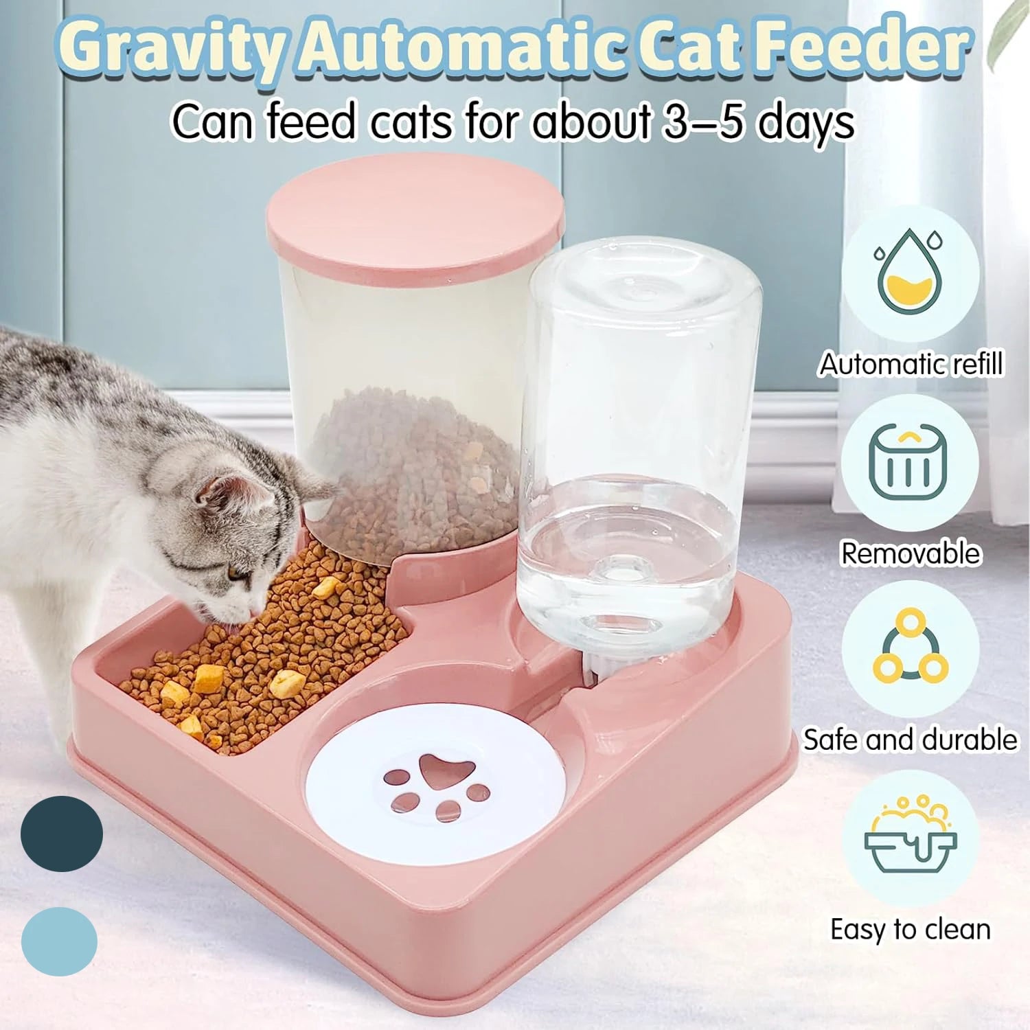 Automatic Cat Feeder & Water Dispenser – 2-in-1 Gravity Pet Food and Waterer with Tilted Bowl Design