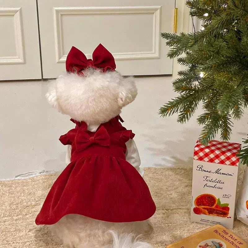 Winter Puppy Princess Dress – Warm Bow Knot Dog Dress Set with Hair Clip