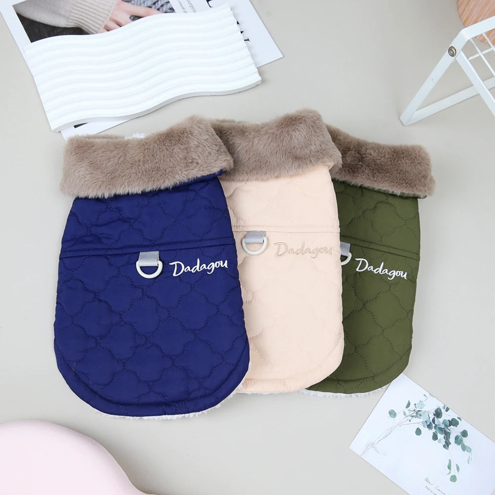 Winter Dog Coat with Fur Collar – Soft Fleece Pet Jacket with D-Ring for Small Dogs & Puppies