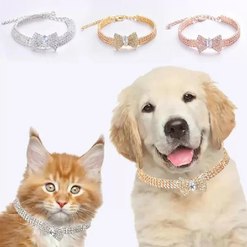 Luxury Adjustable Pet Necklace – Cat & Dog Collar with Diamond Zircon Bone Pendant