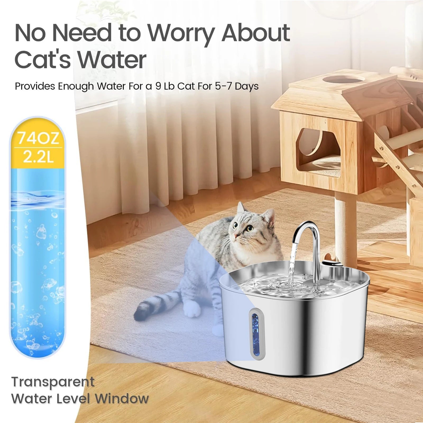 2.2L Stainless Steel Cat Water Fountain – Ultra-Quiet Pet Water Dispenser with Filter for Cats & Dogs