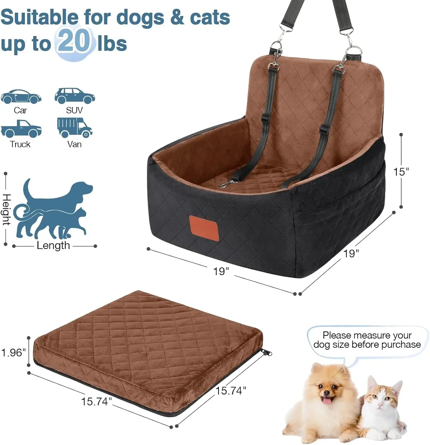 NEW Dog Car Seat – Ultra Soft Fabric with Memory Foam | Comfy & Safe Travel Bed for Small Dogs (Black/Brown)