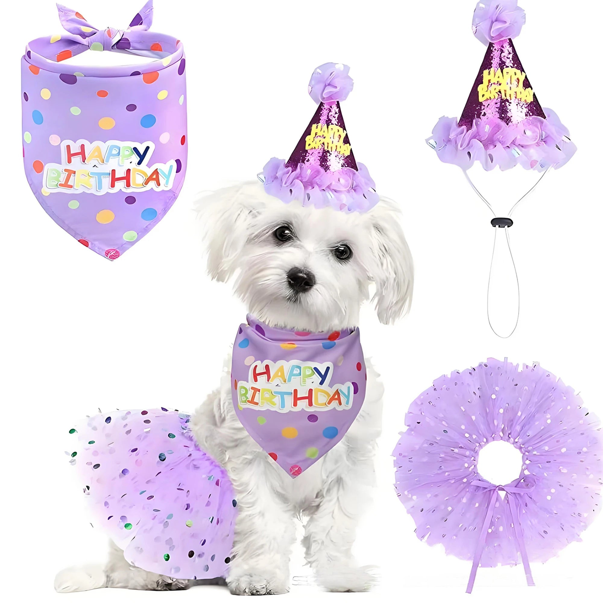 Dog Birthday Costume Set – Party Hat, Skirt & Scarf Outfit for Dogs & Cats