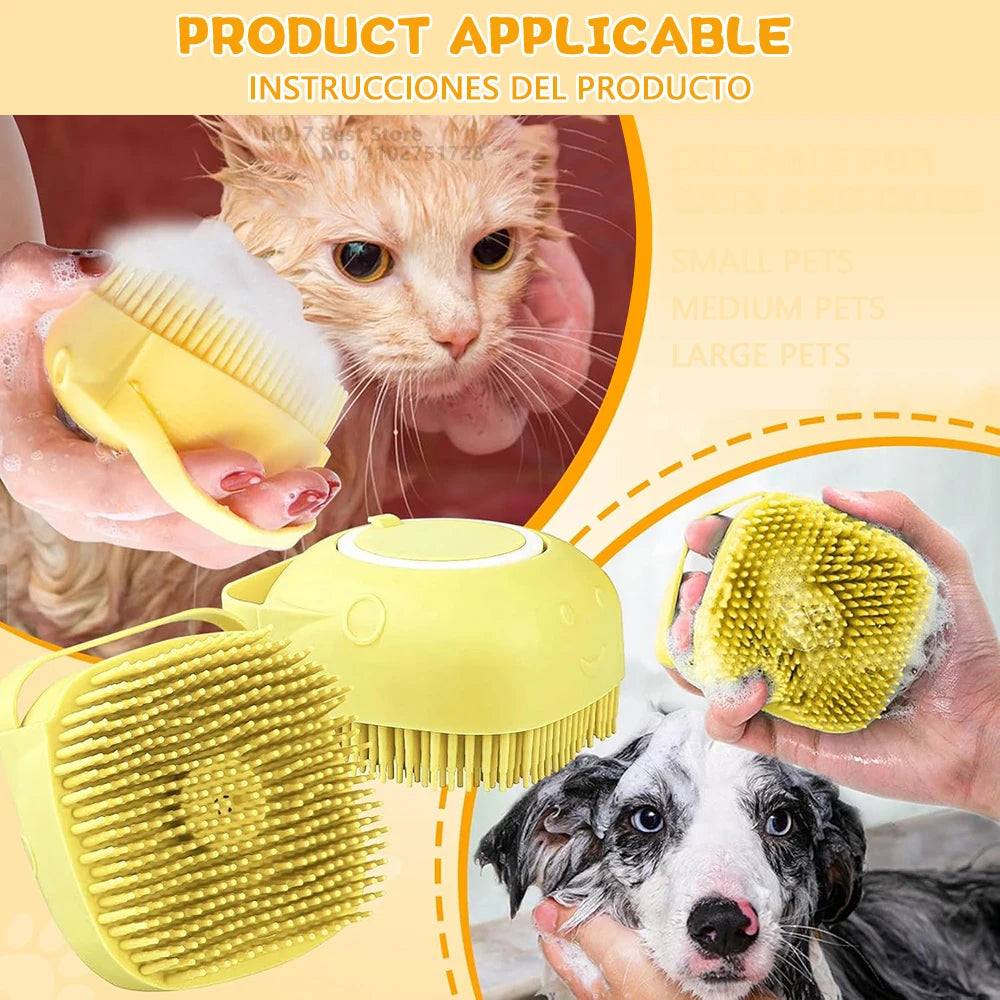 Dog Bath Brush – Silicone Pet Shampoo Scrubber & Soap Dispenser, Cat Massage Grooming Comb, Soft Rubber Puppy Cleaning Brush