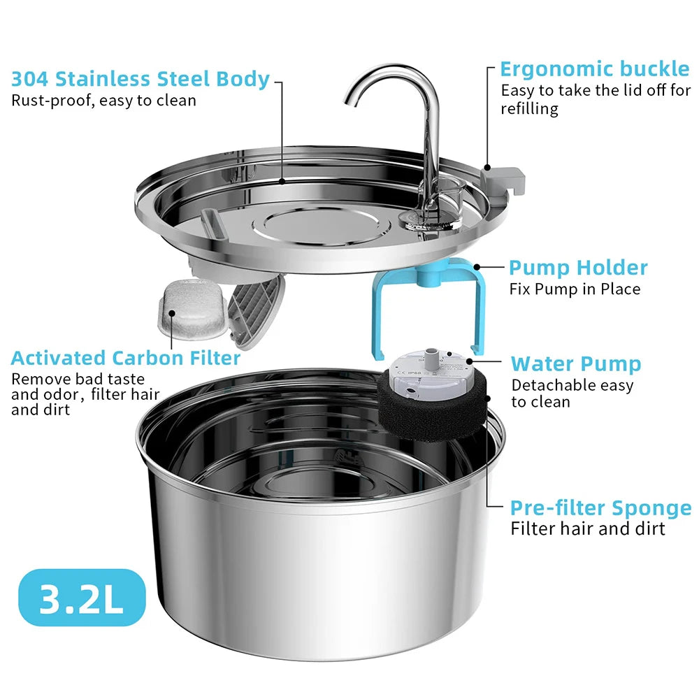 Stainless Steel Automatic Pet Water Fountain – USB Quiet Cat & Dog Drinking Bowl with Filter