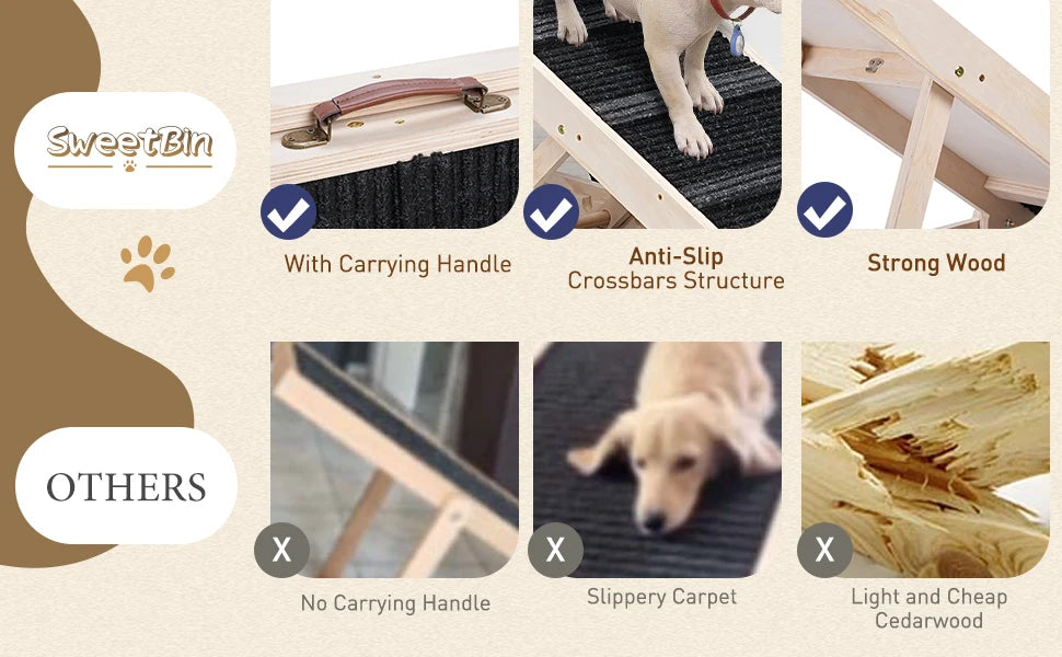 Adjustable Wooden Pet Ramp – 40" Long Dog & Cat Ramp with Non-Slip Carpet Surface and Anti-Skid Foot Pads