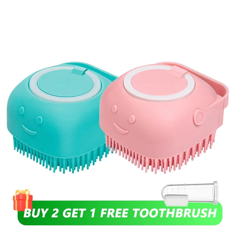 Dog Bath Brush – Silicone Pet Shampoo Scrubber & Soap Dispenser, Cat Massage Grooming Comb, Soft Rubber Puppy Cleaning Brush