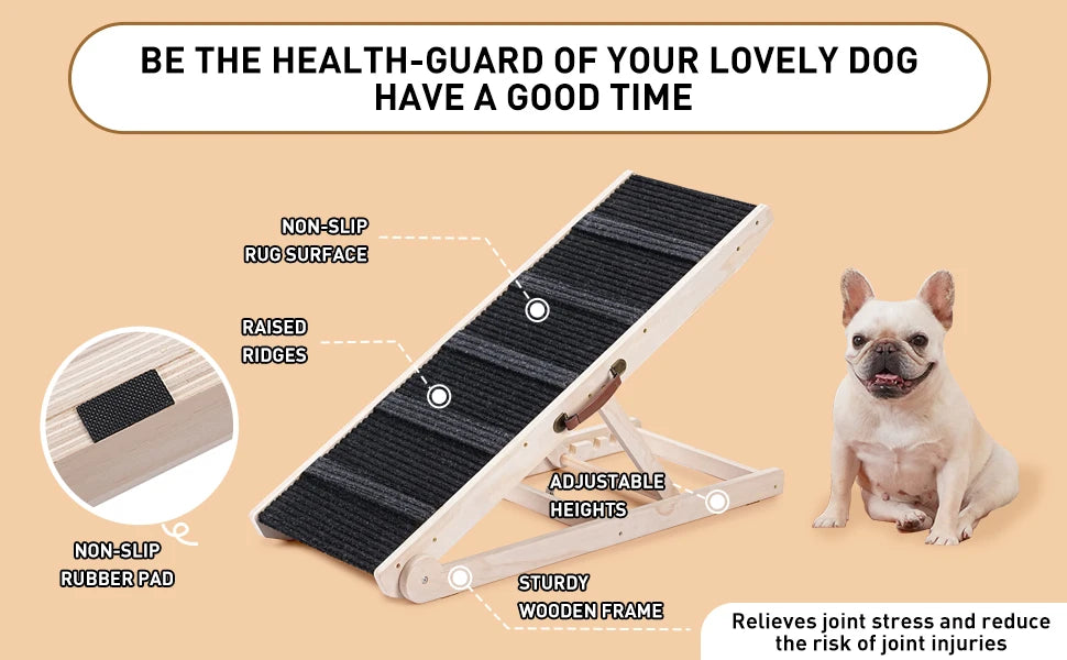 Adjustable Wooden Pet Ramp – 40" Long Dog & Cat Ramp with Non-Slip Carpet Surface and Anti-Skid Foot Pads