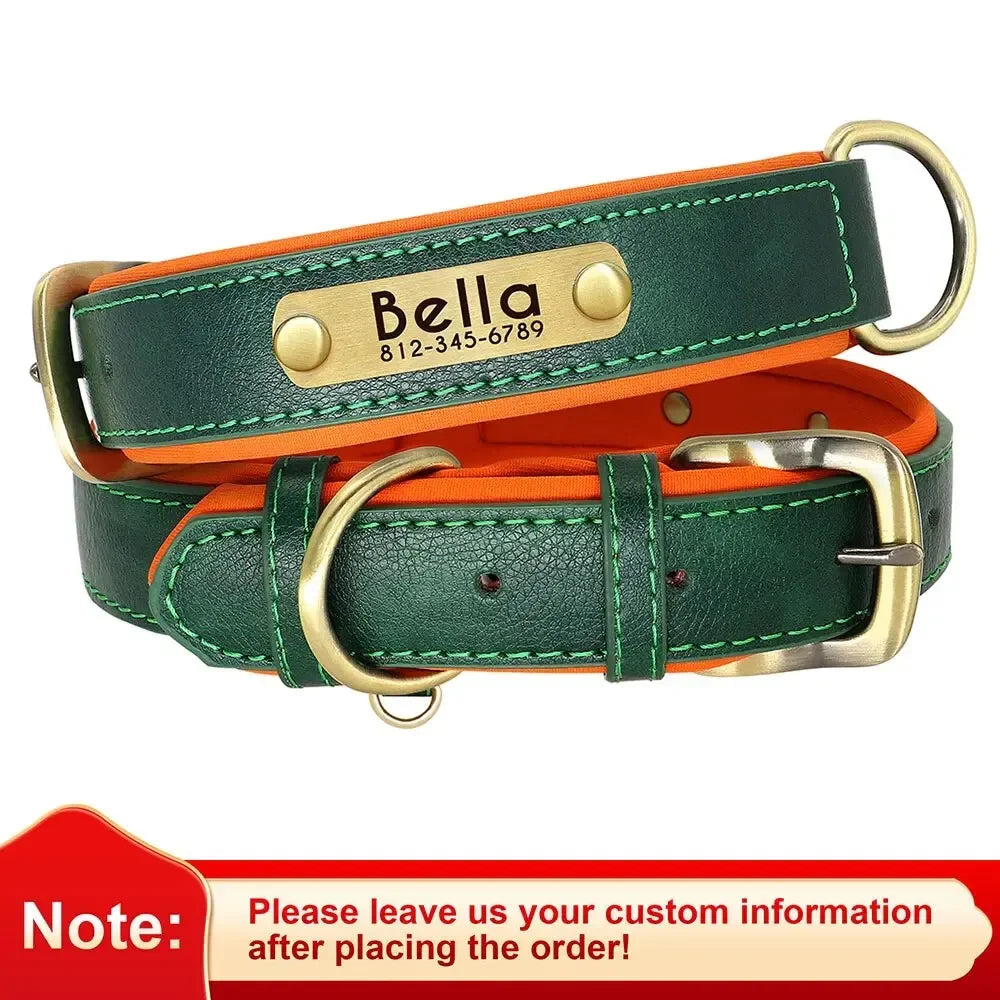 ersonalized Leather Dog Collar with Engraved ID Nameplate – Soft Padded Custom Collar for Small, Medium & Large Dogs