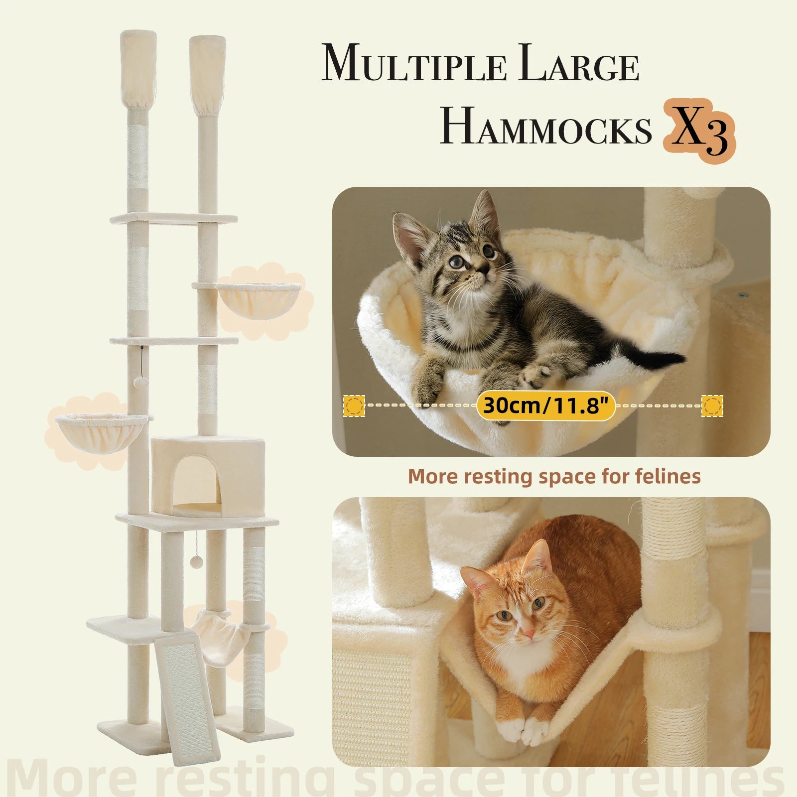 Adjustable Floor-to-Ceiling Cat Tree Tower – Tall Indoor Cat Furniture with Hammock, Cozy Condo & Sisal Scratching Posts
