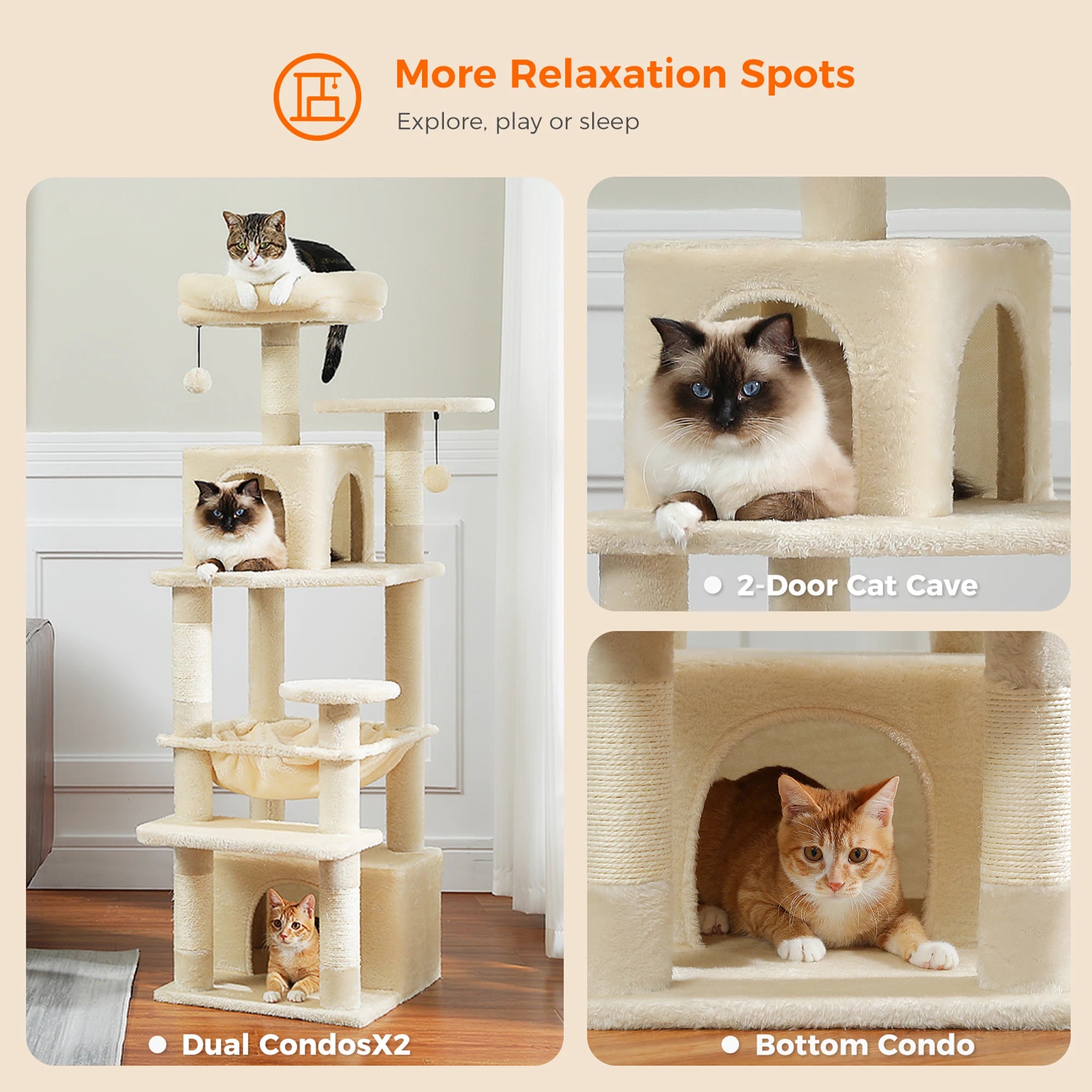 6-Level Multi-Cat Tree Tower with Dual Condos, Double Top Perches, Hammock & 5 Scratching Posts