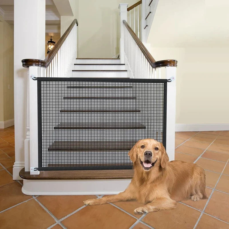 Folding Mesh Dog Safety Gate – Pet Barrier Fence with Hooks for Doorways & Stairs