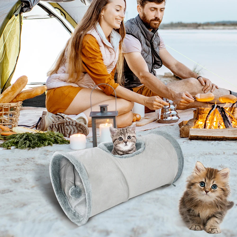 Plush Foldable Cat Tunnel – Warm Winter Play Tube with Hanging Ball for Cats, Kittens, Puppies & Small Pets